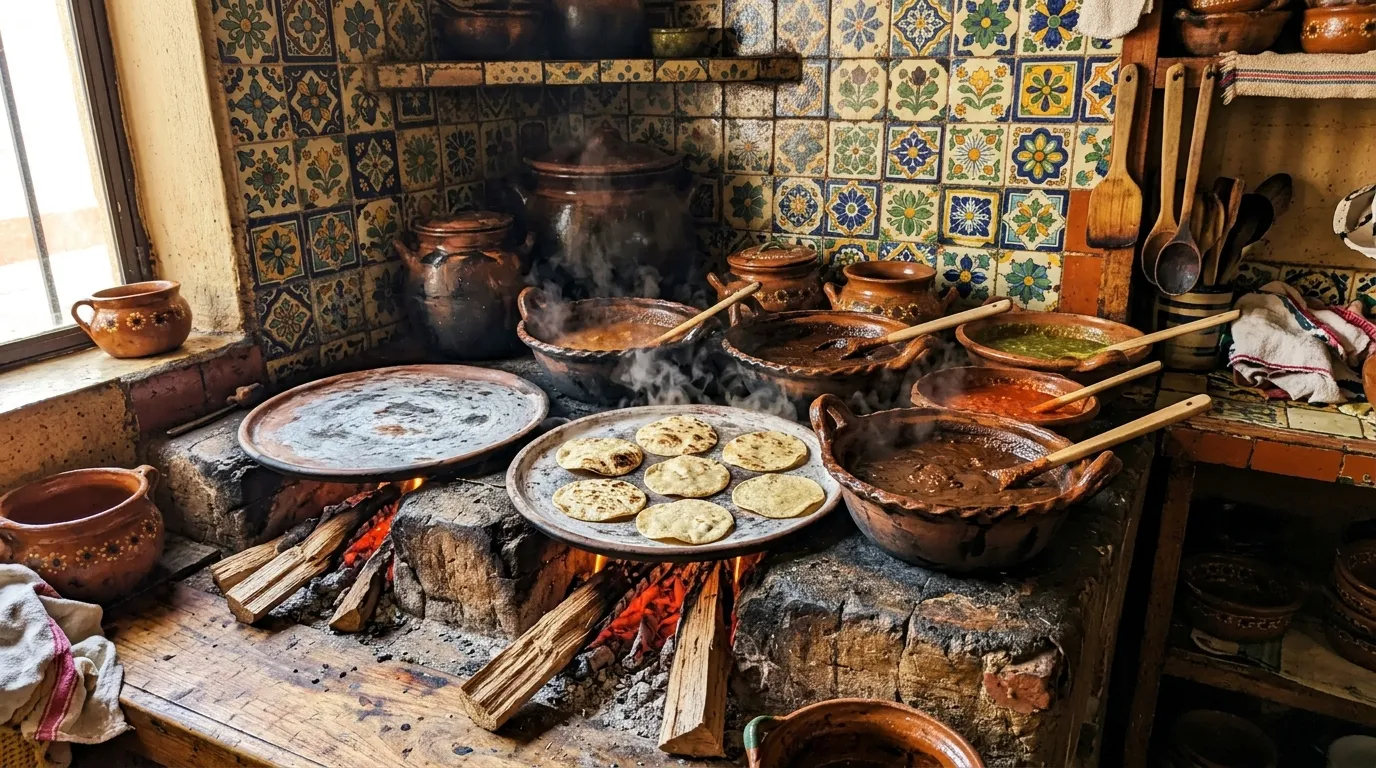 Cocina de fonda con comales al fuego, cazuelas de barro y azulejo de Talavera