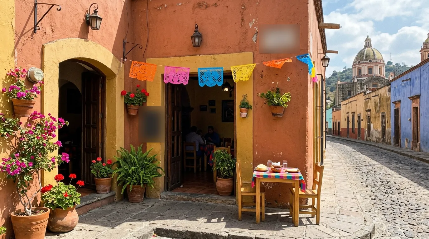 Fachada de una fonda poblana con papel picado y una mesita en la banqueta